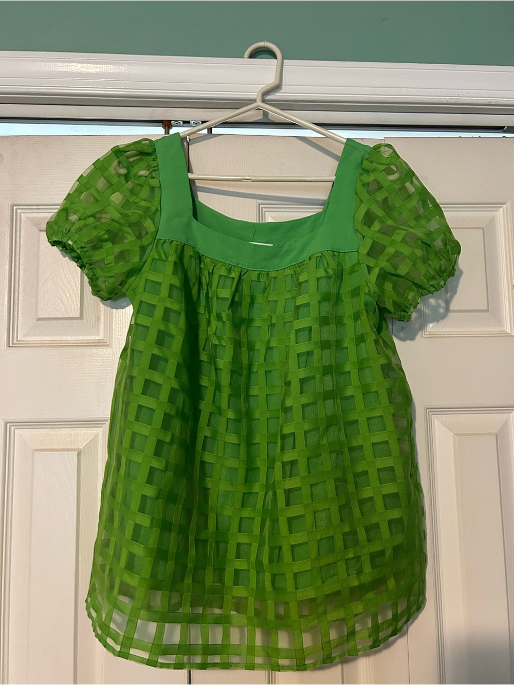 Women’s Green Puff-Sleeve Check Organza Top